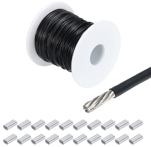 QUARKZMAN Drahtseil Edelstahl 70M x 1 mm Stahlseil PVC ummantelt mit 20 Aluminiumhülsen Sicherungsdraht Aufhängedraht Drahtkabel Wäscheleine für Bilder Outdoor Zaun Gardinen, Schwarz