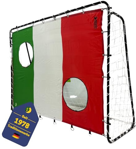 Best Sporting Fußballtor-Set 213 x 152 x 76 cm in Schwarz mit Torwand | Fußballtor mit weißem Netz & verschiedenen Motiven | Für Kinder & Erwachsene | Inkl. Heringe & U-Haken (Italien)