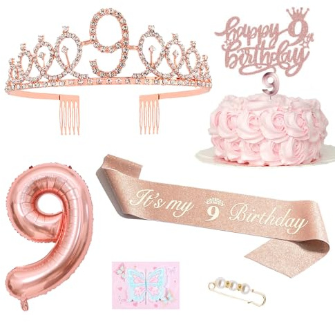 Geburtstagsdeko 9 Jahre Mädchen, 9 Geburtstagskrone und Schärpe, Happy Birthday Tortendeko Kerzen, Roségold Folienballon 9, Geburtstagskarte, Geburtstagsgeschenk für 9 Jahre Mädchen