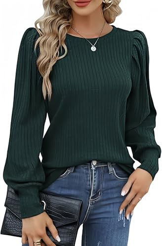 HOTOUCH Jumpers for Women Round Neck Puff Sleeve Tops Lightweight Long Sleeve Sweaters Autumn Winter Green XL