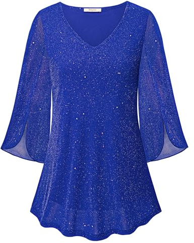 Bebonnie Dressy Tops for Evening Wear: 3/4 Sleeve Trending Fall Clothes for Women 2024 - Sparkly Sequin Homecoming Modest Dresses - Grandmother of Bride Blouse Christmas Top Star Blue XXL