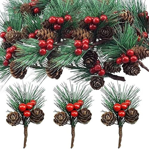 NSXIN Kleine Künstliche Tannenzweige mit Beeren und Tannenzapfen, Weihnachten Tischdeko Set, Artificial Tannenzweige Beerenzweige Dekorationen für Weihnachten (20 STK/Rote Beeren Natur)