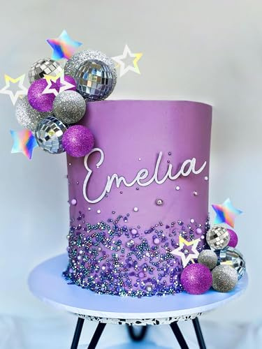 JeVenis Purple Disco Balls Cake Topper Dancing Queen Cake Topper | 80s Cake Decorations Silver Cake Balls Purple Cake Decorations