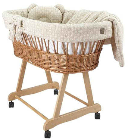 WIKLINOPOL Baby Stubenwagen – Komplettset mit Natur Moseskorb, Matratze & Bettwäsche aus 100% Baumwolle Oeko-Tex in Beigefarbene Zweige – sicherer Schlafplatz mit Rollen & Bremse – Modell Amelia