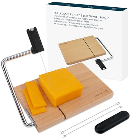 KITCHENDAO Replaceable Wire Cheese Slicer with Board,Tightness Adjustable Cheese Slicer,Beech Wood Cheese Cutter for Block Cheese,Easy to Replace,with 2 Extra Upgrade Strong Wires