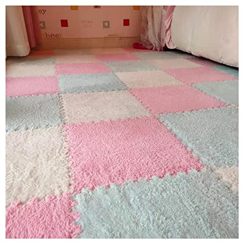 Flauschiges ineinandergreifendes Plüsch-Teppichfliesen-Set, 10 Stück, 30,5 x 30,5 cm, quadratische Bodenmatten mit Rand, weicher Schaumstoff-Puzzle-Spielmatte in Rosa, Beige und Blau, 10 m²