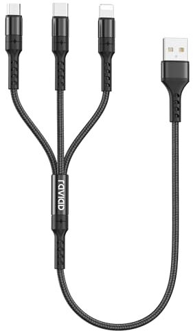 RAVIAD Multi Charger Cable Short [0.5M] 3 in 1 Charging Cable USB Cable Phone Charger Cable with Lightning + USB C + Micro Connector for Phone, Android Samsung Galaxy, Huawei, Oneplus, Kindle- Black