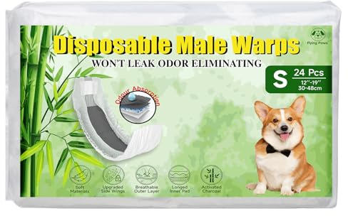 Flying Paws Pañales Desechables para Perros machos, S-24 con carbón Activado, neutralización de olores, pañales Suaves y Transpirables, Pantalones para incontinencia para Cachorros, S-24 Unidades