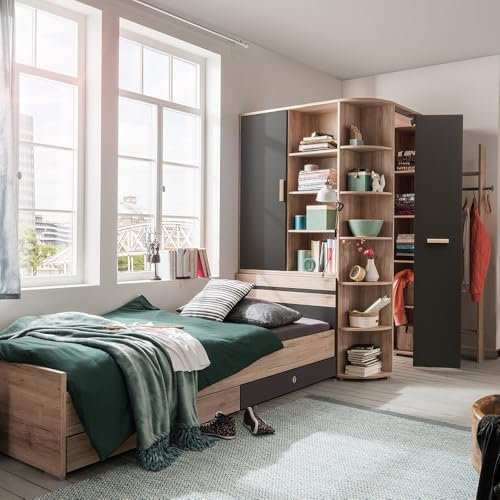 Lomadox Jugendzimmer Set 4-teilig mit Bett 90x200 cm in Eiche mit Graphit, inkl. Bettschubkästen, Eckkleiderschrank, Garderobenstange