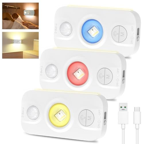 LED Nachtlicht mit Bewegungsmelder Akku, 3er Set Treppenlicht mit 3 Modi (AUTO/AUS/EIN) – 4000K Warmweiß, Magnetisch für Küche Flur Bad Schlafzimmer & Kinderzimmer, Unterbettlicht & Wandbeleuchtung