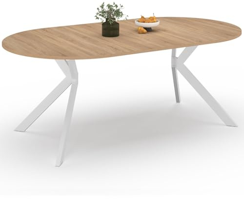 IDMarket - Ausziehbarer runder Esstisch ALIX 4-10 Personen Spinnenfuß Holz und Weiß 110-200 cm