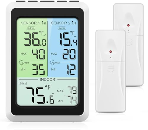 Ankilo Thermomètre de réfrigérateur - Fonctions d'alarme acoustique - Écran couleur LCD de 4,5 pouces - Avec 2 capteurs sans fil - Réfrigérateur/congélateur - Utilisation domestique et restaurant