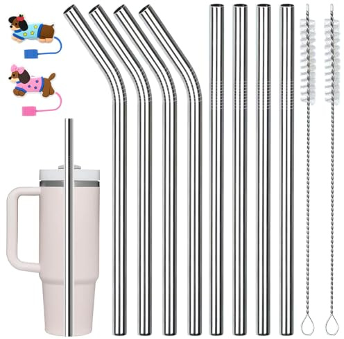 8 pajitas de acero inoxidable 304 para Stanley Cup, contiene 8 pajitas de cristal de 31 cm de largo y 2 cubiertas de paja y 2 cepillos de limpieza, pajitas de metal reutilizables para accesorios