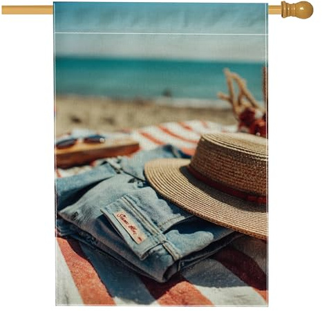 Sommer-Strand-Szene, Gartenflagge, Küstenozean-Dekor, natürlicher Strohhut und Denim-Banner, doppelseitige Rasendekoration für den Außenbereich, für Feiertage, 71,1 x 101,6 cm