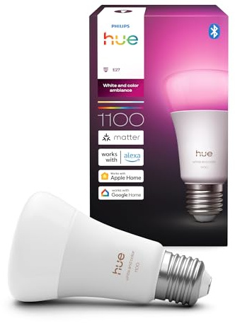 Philips Hue Smart LED A60 ljuskälla, White and color ambiance, E27-sockel, 8,1W, Fullspektrumljus 1000K-20000K, 1100 lumen, Dimbar, Fungerar med Alexa, Google Assistant och Apple Home, 1-pack