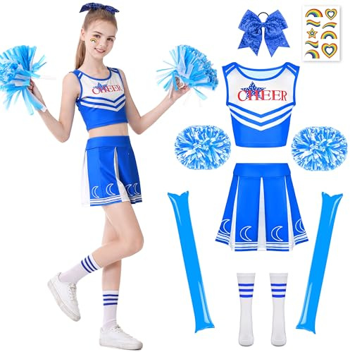 Charmofun Cheerleader Kostüm Kinder, Cheerleader Outfit Mädchen, Cheerleading Uniform Kinder mit Pompoms, Cheerleading-stäbe, Socken, Kopfschmuck, Faschingskostüme Kinder für Karneval Halloween