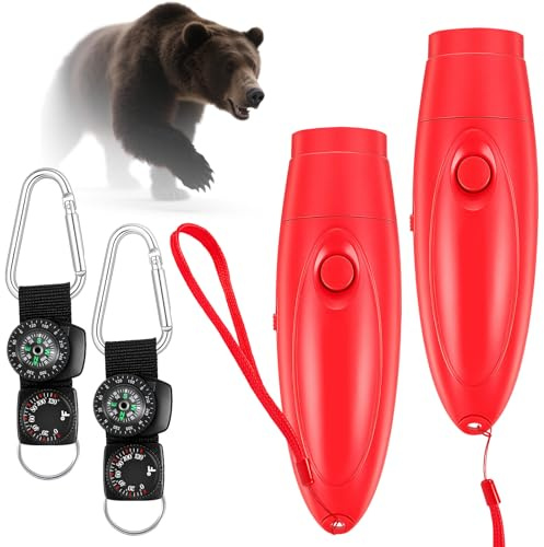 Mysora 2 Set 125dB Electronic bear horn with Compass & Thermometer for hiking Loud Air Horn to Scare Bears Self Defense for Hiking Outdoor Emergency Camping Protection (4.57×1.14 Inch,Red)