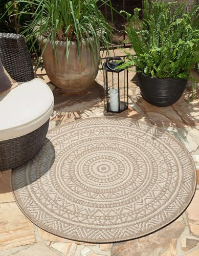 the carpet Mistra - robuster Outdoor Teppich, modern, Wetterfest & UV-beständig, für Balkon, Terrasse und Wintergarten Aber auch für die Küche geeignet, flachgewebt, Mandala, Natur, 160 x 160 cm Rund