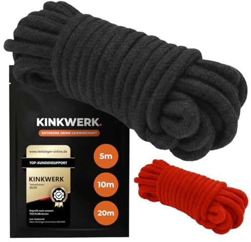 KINKWERK Bondage Seil aus Baumwolle | Weiches Fesselseil für Bondage, BDSM | Fesselspiele für Anfänger & Profis | Fesselspiele, BDSM Zubehör (Schwarz, 20m)