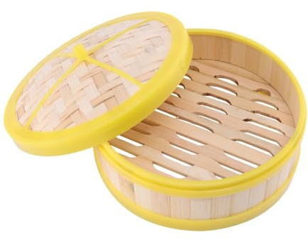 Amosfun Bamboo Steamer with 20Cm Single Tier Basket and Lid, Food-Grade Bamboo Steam Basket for Cooking Dim Sum, Dumplings, Buns, and Vegetables in Home Kitchen