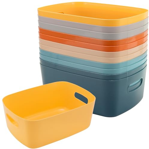 NGOSUET 12 scatole portaoggetti in plastica colorata con manici, 30 x 20 x 12 cm, in plastica, impilabili, colorate per bagno, cucina, soggiorno
