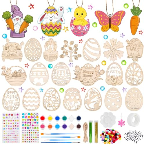 Rosedreamer Holzanhänger Ostern Zum Bemalen, 203 Stück Ostern Basteln Kinder, Oster Basteln Holz, DIY Osteranhänger Bemalen, Bastelset Oster Kinder, mit Stiften, Deko Schnur, Selbstklebende Augen