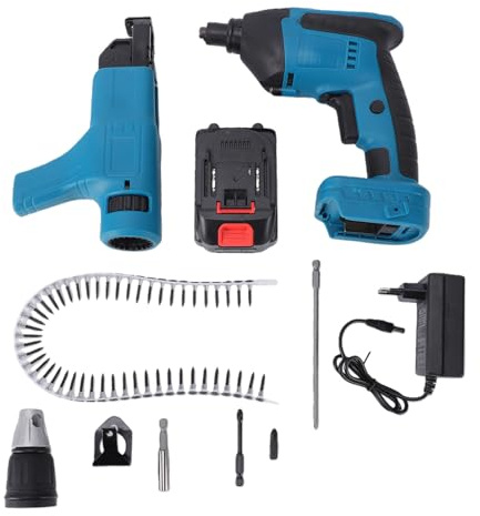 Fafeicy Pistola Atornilladora Inalámbrica para Paneles de Yeso, Destornillador Eléctrico, Cadena de Alimentación Automática, Pistola de Clavos con Batería de 4000mAh, Caja de