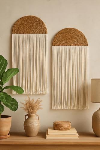 Handmade Macrame Wall Hanging, Boho Style, Natural Straw, Leaf Design, 2-Piece Set, 33x50 cm, for Home, Living Room, Bedroom