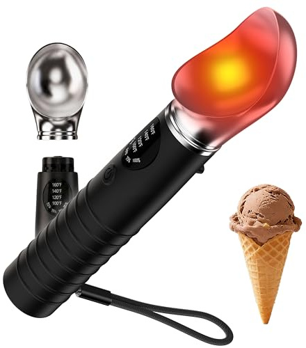 Wiederaufladbarer Beheizbarer Eisportionierer, 4 Temperaturstufen 40/50/60/70 ℃ mit LED-Anzeige, IP67 Wasserdicht, Aabnehmbarer Kopf für Hartes Eis/Gelato, mit Stützfuß (Schwarz)