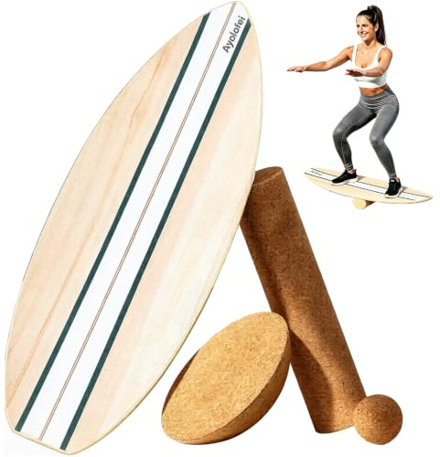 Planche d'équilibre en bois pour adultes avec rouleau en liège, hémisphère en liège et balle en caoutchouc, entraîneur d'équilibre avec surface antidérapante