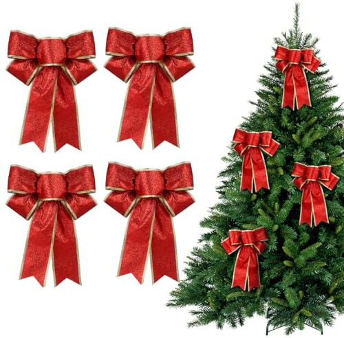 5 x Weihnachtsschleifen aus glitzerndem Stoff für Weihnachten, Weihnachtsbaum, Dekoration (rot)