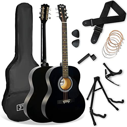 3rd Avenue Full Size 4/4 Acoustic Guitar Pack for Beginners - 6 Months FREE Lessons, Gig Bag, Picks, Spare Strings, Stand, Strap, Capo - Black