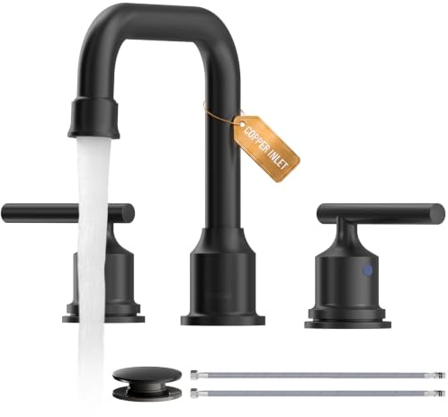 WOWOW Two Handles Widespread 8 inch Bathroom Faucet Black 3 Pieces Basin Faucets 360 Degree Swivel Spout Lavatory Sink Faucet