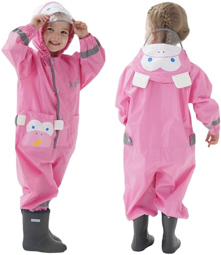 Fewlby Chubasquero Impermeable, Niños Niñas Poncho de Lluvia Ligero Abrigos de Lluvia Chaqueta Impermeable Mono Impermeable con Capucha Traje de Lluvia L 5-7 Años