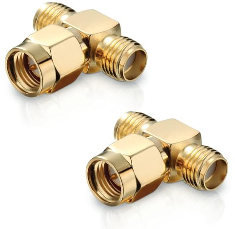 conecto Adaptador SMA, Pieza en T, 1x Conector SMA con Clavija a 2X enchufes SMA sin Clavija, Adaptador para Ampliar Conexiones SMA, Chapado en Oro, Juego de 2