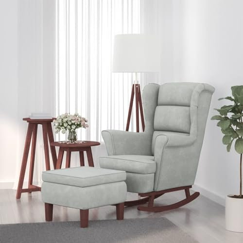 ZEYUAN Schaukelstuhl, Sessel Wohnzimmer, Schaukelsessel, Stillsessel, Schwingsessel, Tv Sessel, Ohrensessel, Relaxsessel, Rocking Chair, und Hocker mit Holzbeinen Hellgrau Samt