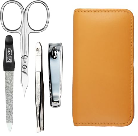 Hans Kniebes Maniküre Set 4-teilig Maisgelb – Reise Nagelpflege Set für Damen & Herren – Profi Edelstahl Nagelschere, Nagelknipser, Feile & Pinzette – Echtes Nappa Leder Etui – Pediküre Set