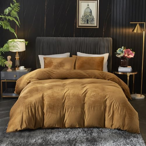 Ivellow Velvet Flannel Duvet Cover King Size - Rust Comforter Cover Set, Ultra Soft Breathable Cozy Velour, Solid Luxury Bedding With Zipper Closure and Corner Ties