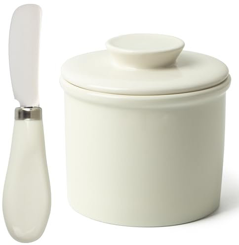 Mantequera para mostrador, mantequillera francesa con cuchillo, recipiente de mantequilla de cerámica para untar mantequilla, color blanco