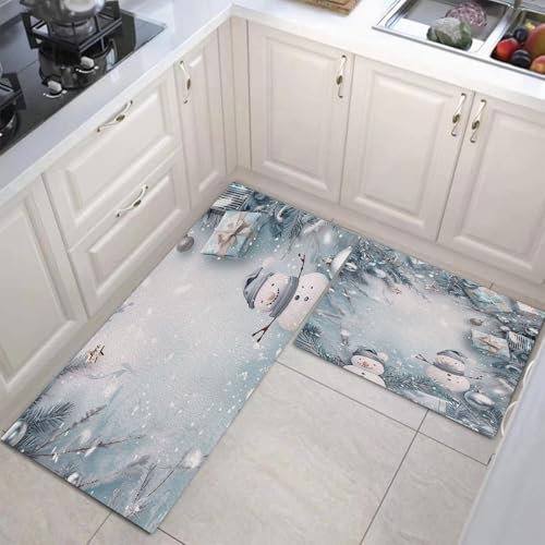 CDXNORA Küchenläufer rutschfest 2 Stück, Küchenteppich Waschbar,Weihnachten Küchenmatten, Teppich Läufer Flur, Terrasse & Wohnraum (40×60 cm+40×120 cm,Schneemannblätter)