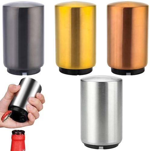 Flaschenöffner Premium Push & Pull, 4 Stück Bier Flaschenöffner Set Edelstahl Bieröffner in Edelstahl-Optik Automatischer Bottle Opener für Männer Geschenkidee Valentinstag Geburtstag Party Festival