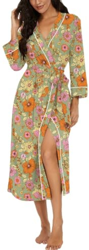 PrinStory Peignoir kimono léger pour femme - Manches 3/4 - Robe de chambre - Vêtement de nuit long - Décontracté - Peignoir de sauna, L