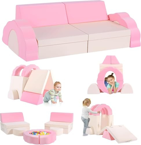 Helangel Kindersofa modulares Kinder-Spielsofa aus Schaumstoff Mit Leuchteffekt, Farblich Abgestimmtes Design (Kindersofa 10-teiliges Set - Rosa und Beige)