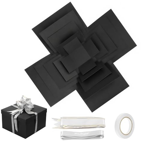 Caja Explosion Surprise, Caja de Regalo Explosión Creativa de 5 Capas, Cajas de Regalo Creative con Cinta y Cinta Adhesiva, para Cumpleaños, Aniversario, Boda, San Valentín, Navidad(Negro)