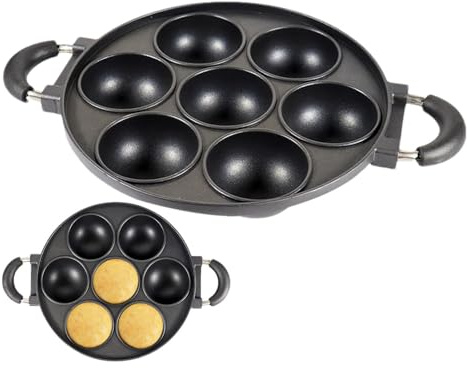Mini Pancake Maker, Cast Iron Pancake Pan, 27 cm 7 Hole Non-Stick Crepe & Pancakes Maker, Mini Pancakes & Frying Eggs Pan for Gas, Electric, Induction & Oven, Flat Pans