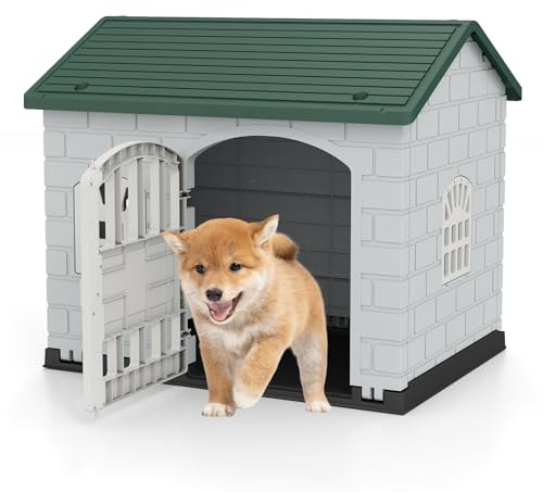 GOPLUS Caseta para Perros de Plástico Exterior Interior, Casa para Perro con Puerta con Cerradura, 3 Ventanas, Techo Inclinado, Jaula Decorativa para Cachorros Impermeable, 75 x 58 x 65 CM (Verde)