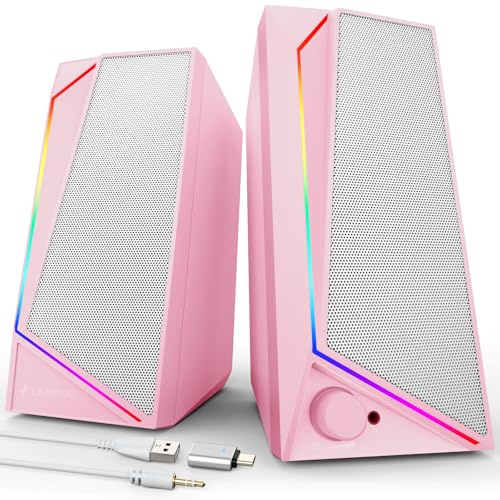 LENRUE PC Speakers, USB Powered Computer Speakers with Loud Stereo Sound, Headphone-in for Desktop, Laptop, Monitor (USB-C Adapter Included) (Light Pink)
