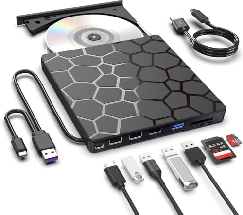 Extern CD-DVD-enhet, 8-i-1 USB 3.0 och typ-C skivläsare brännare brännare spelare, smal och bärbar CD DVD +/-RW optisk enhet för PC bärbar dator MacBook Mac Windows Linux OS Apple (8-i-1)