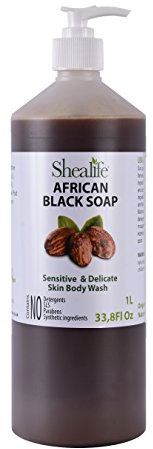 Shealife Savon noir africain 1 litre à base de beurre de karité et d'huile de noix de coco vierge Sans SLS, détergents et parabènes 1000 ml