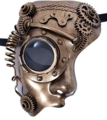 Zoelibat Steampunk Halbmaske mit Zahnrädern, Schläuchen und Fliegerbrillenauge - Gold / Bronze - Reizvolles Accessoire für Halloween, Fasching Oder Mottoparty